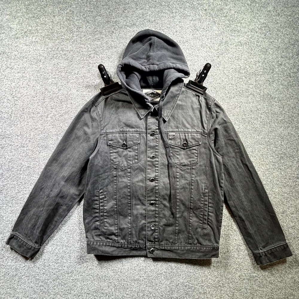 Dravus Forwear Trucker Jacket Men's Large Black Denim Cotton Hooded Button Front